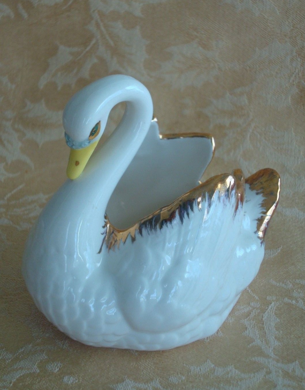 Porcelain Swan Planter/Vase ~ White With Gold Decorated Yellow Mouth