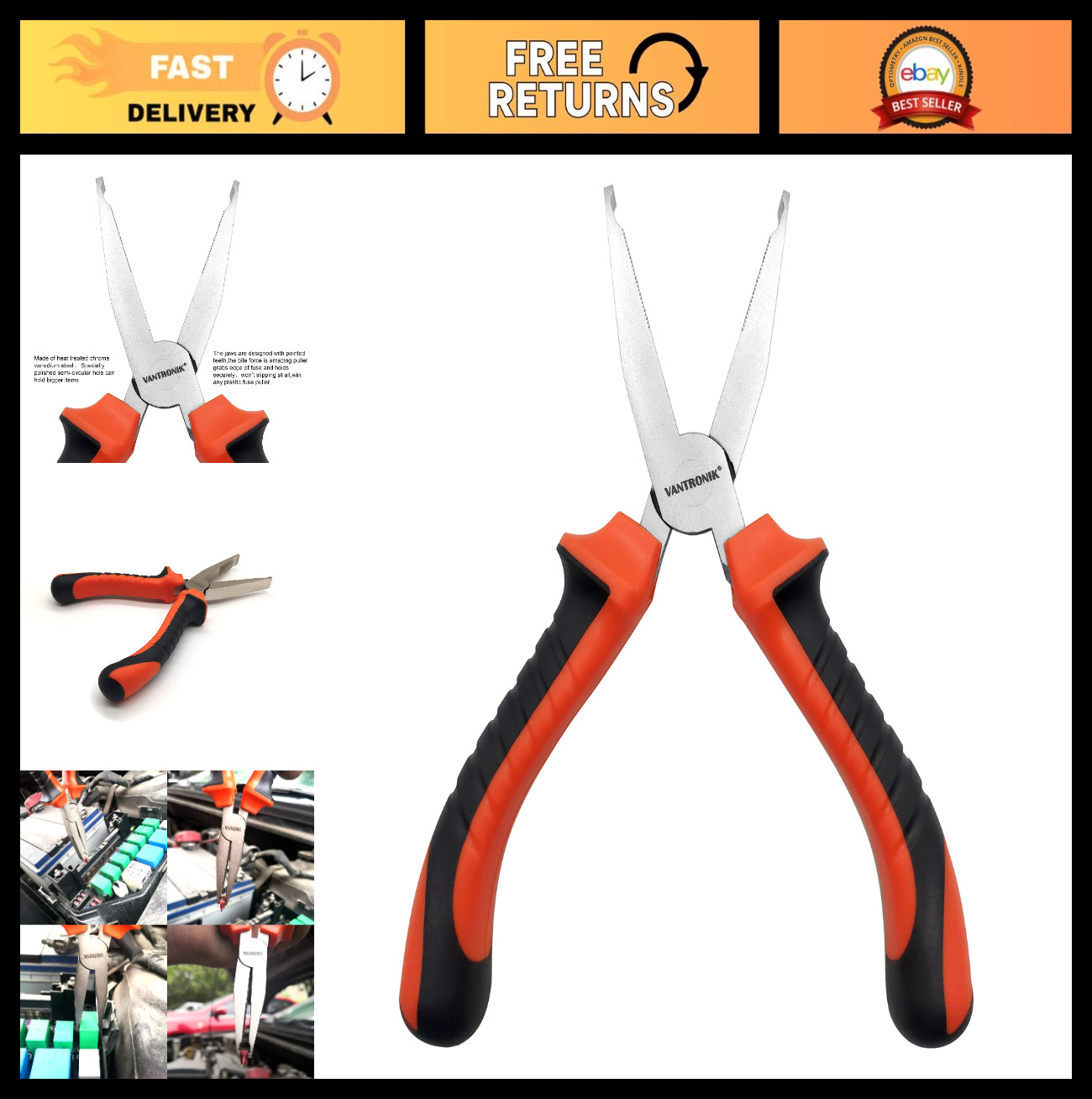 Fuse Puller Tool with Insulated Handles, 6.5" - Extract Flat, Square, J-Case Fus