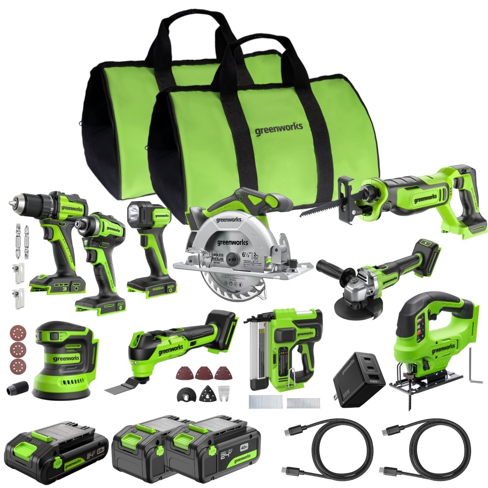 Greenworks 24V Power Tool Set, 10 Tools w/ (2)x4Ah+2Ah Battery 65W USB-C Charger