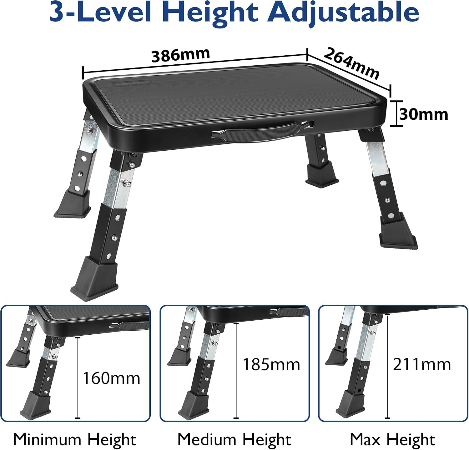 Folding Step Stool, 3-Level Adjustable Metal Step Stool, 330Lbs | Heavy Duty Fol
