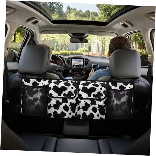 Car Trunk Organizer Car Backseat Storage Bag with 4 Pockets Hanging Cow Print