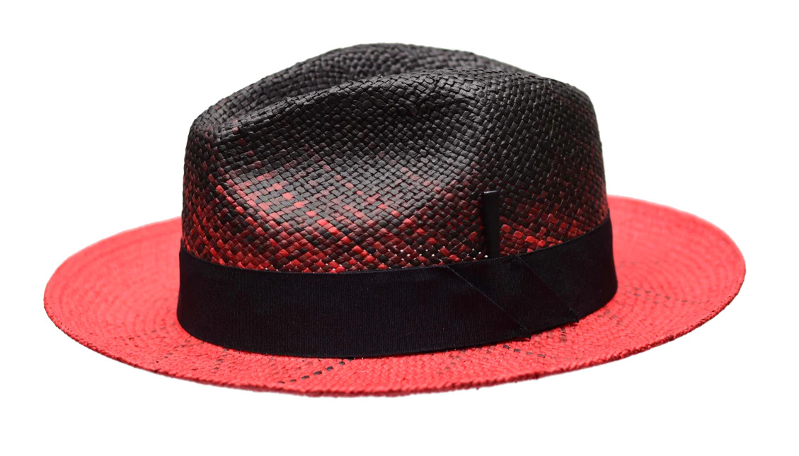 Men's Fedora Dress Casual Hat Summer Straw Black/Red RA-843 2-Tone Pinch Front
