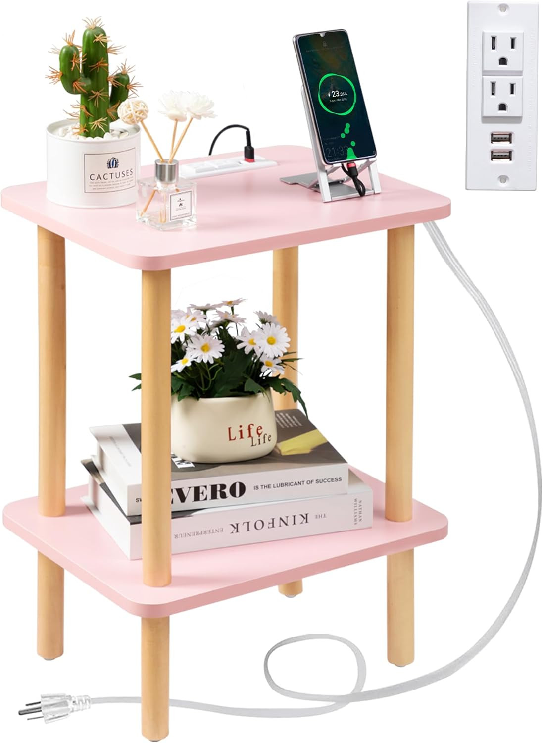 Side Table with Charging Station, Small Side Table with 2 USB Ports and Outlets,