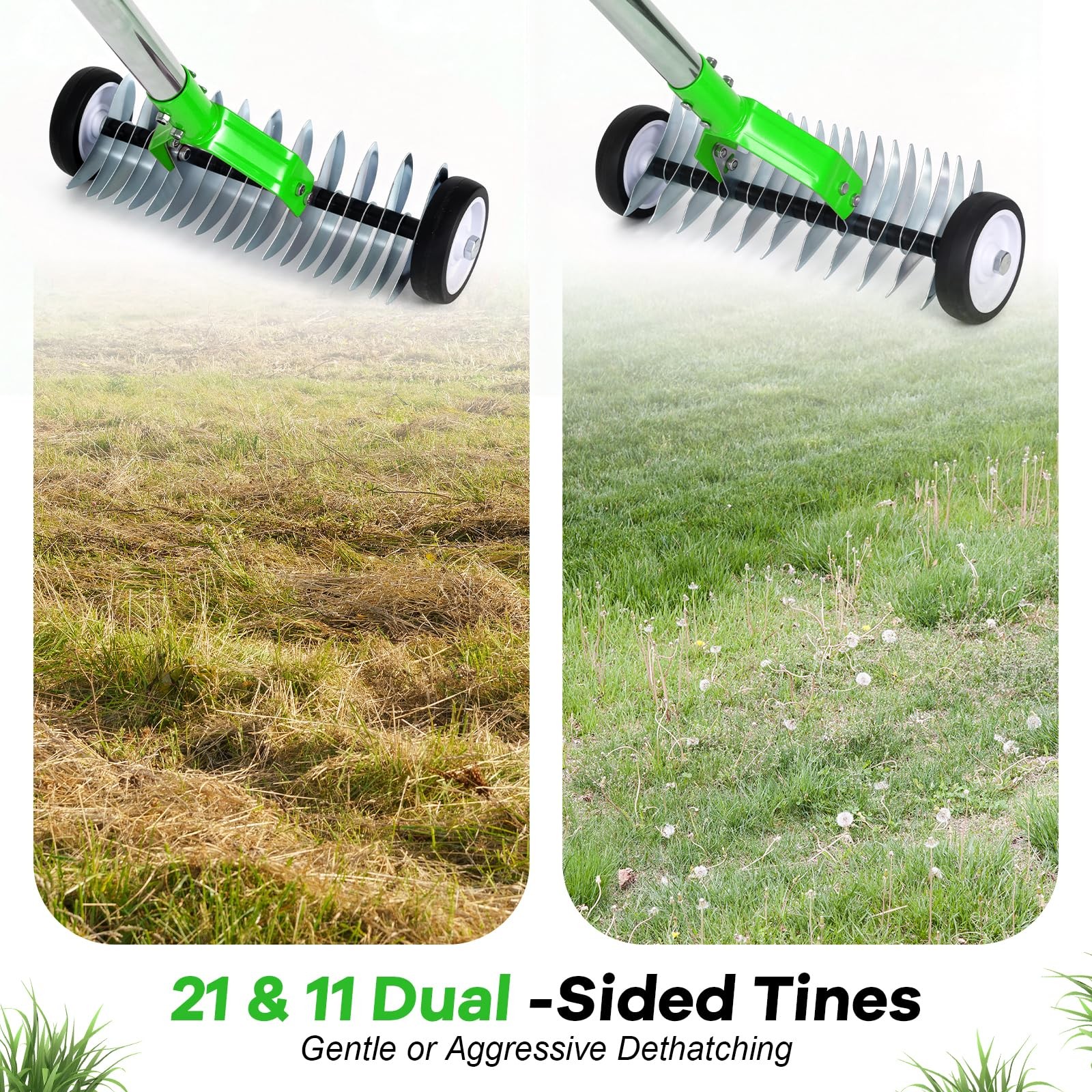 Thatch Rake, Adjustable Garden Rake Head and 38"65" Handle with Wheels, 21 & 11