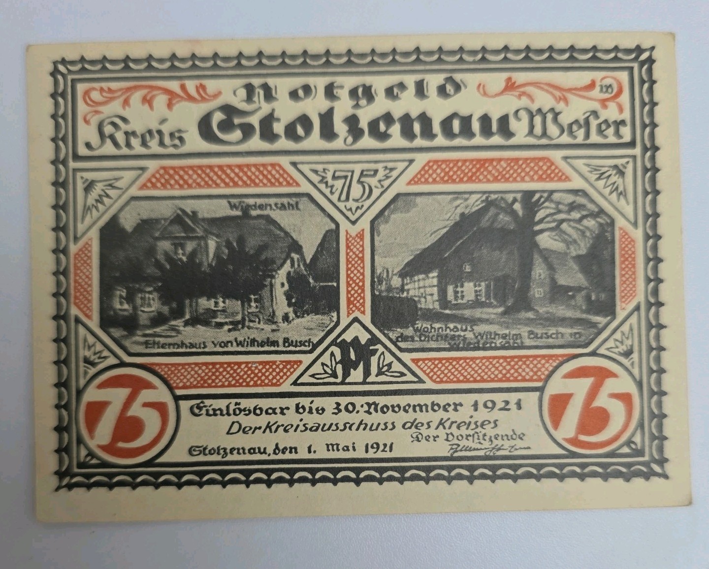75 PFENNIG 1921 UNC Notgeld Excellent Condition Old BANKNOTE Germany