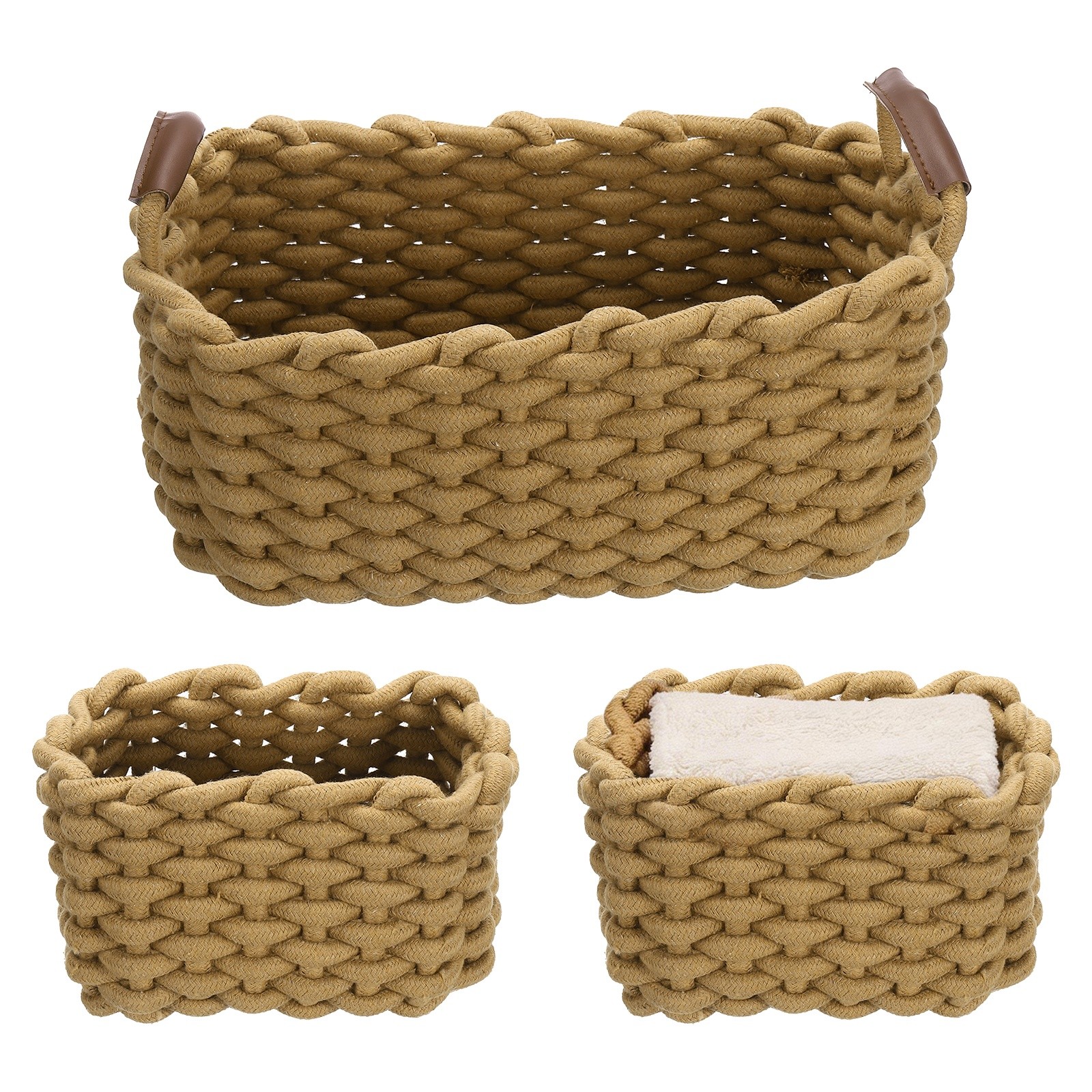 3Pcs Cotton Rope Blanket 12 x 8 x 6 Inch Woven Storage Baskets Coffee,