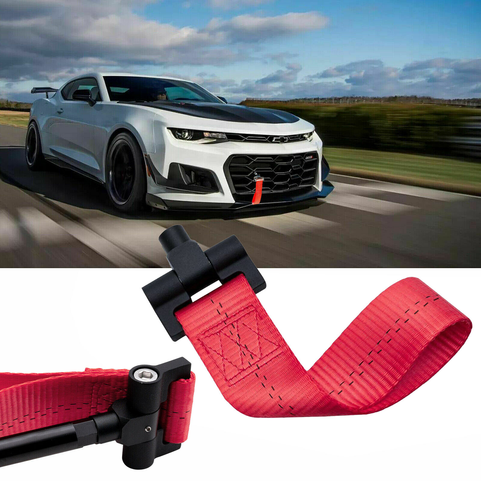 Red JDM Style Towing Strap Tow Hook Adapter For Chevy Camaro 2016-2024