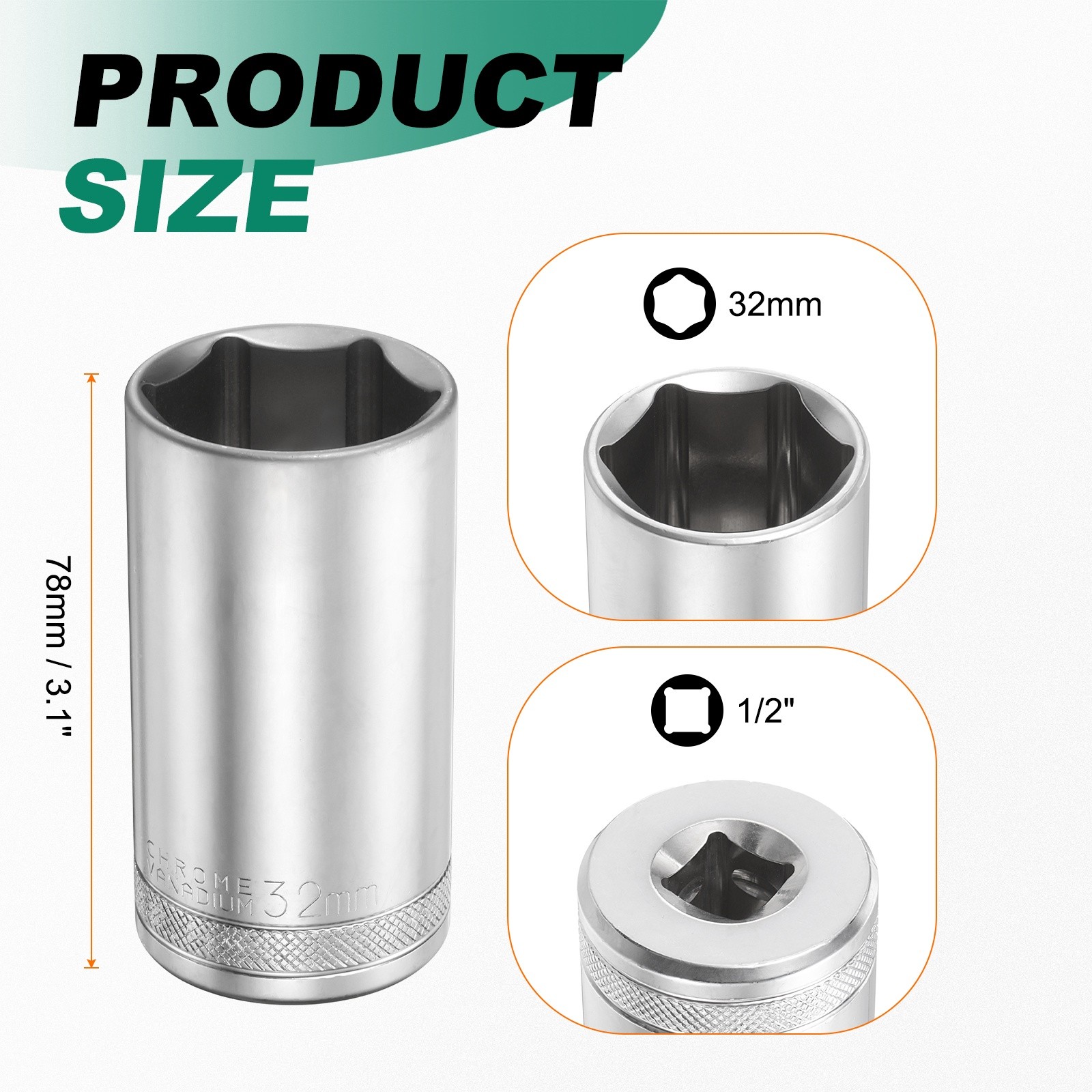 6 Points Deep Socket 1/2" Drive 32mm Nickel Plating Hex Socket 3.1" Long