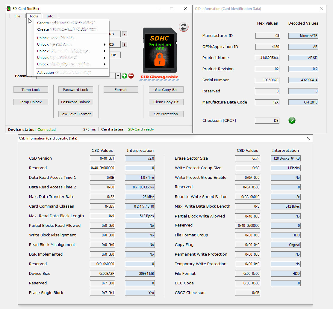 SD Card ToolBox Lite - Read CID/CSD/OCR, Set/Remove Password, Write protection