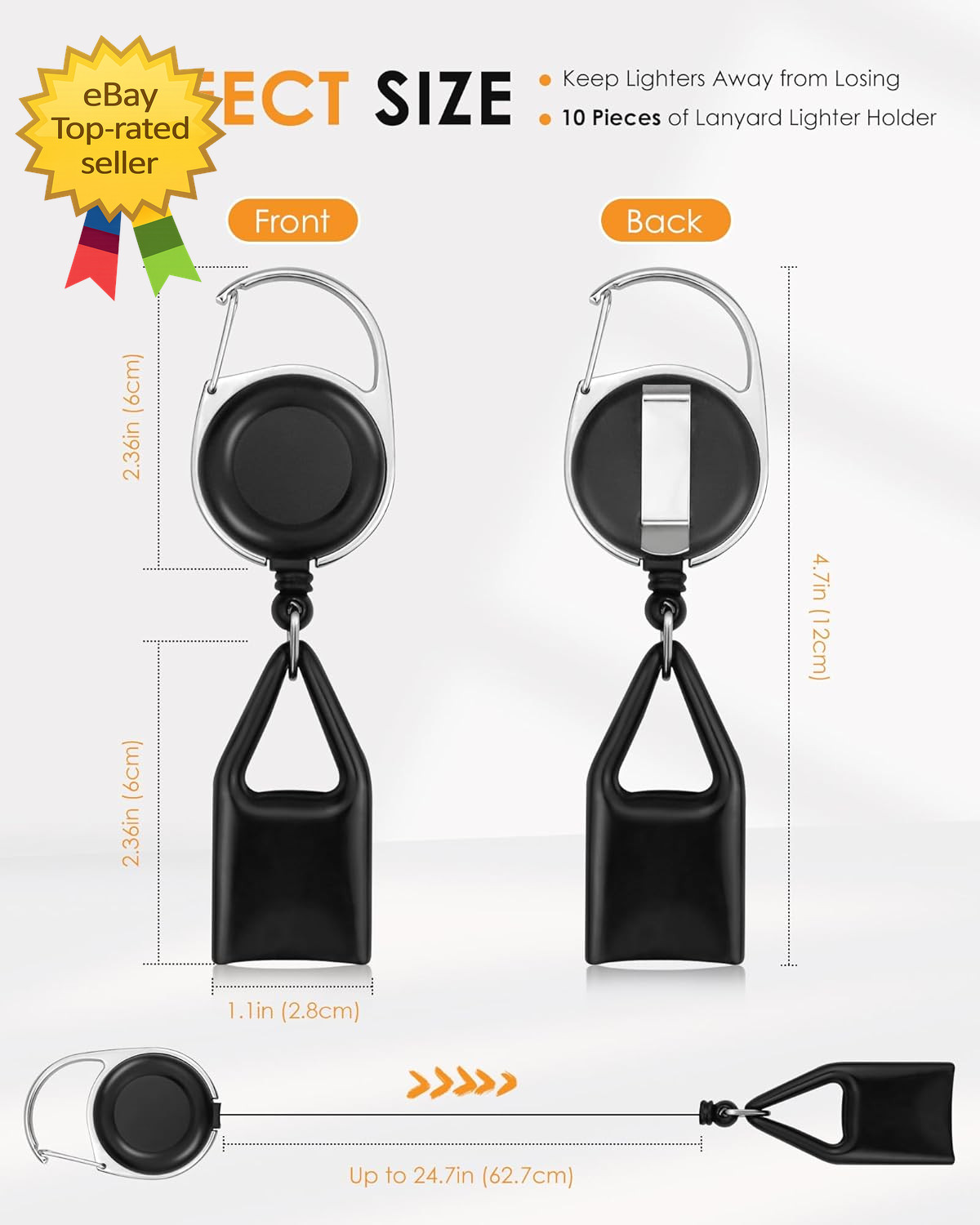 10PCS Retractable Lighter Clip Holder Keychain Lighter Leash Black