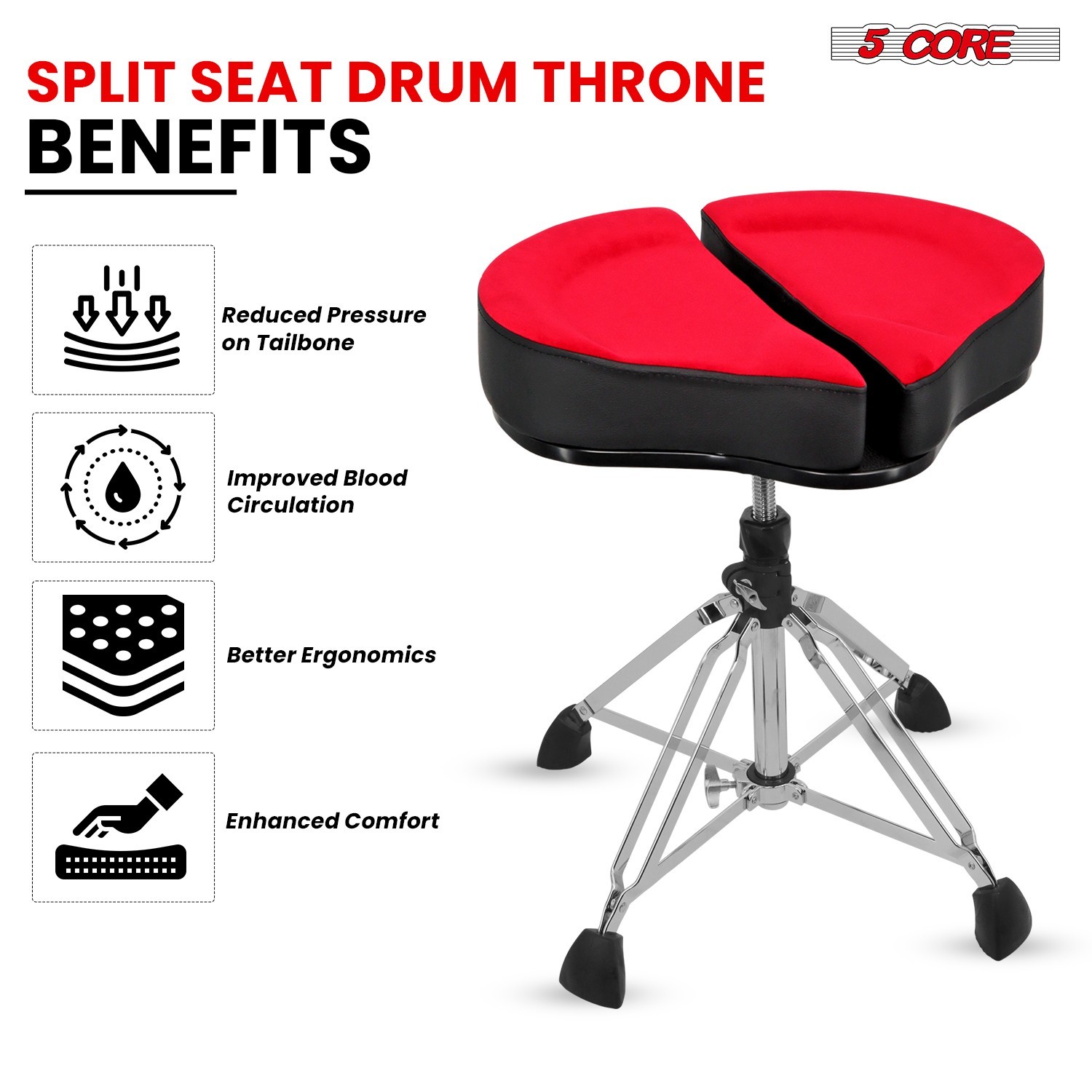 5 Core Drum Throne 4" Padded Velvet Top Guitar Stool Swivel Adjustable Chair