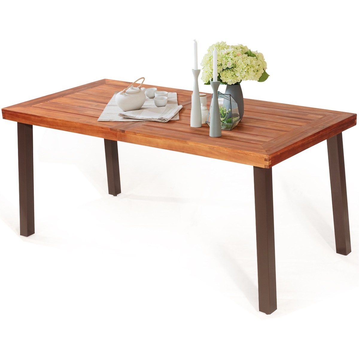 Topbuy Natural Acacia Wood Table Patio Rectangular Dining Table W/ Umbrella Hole