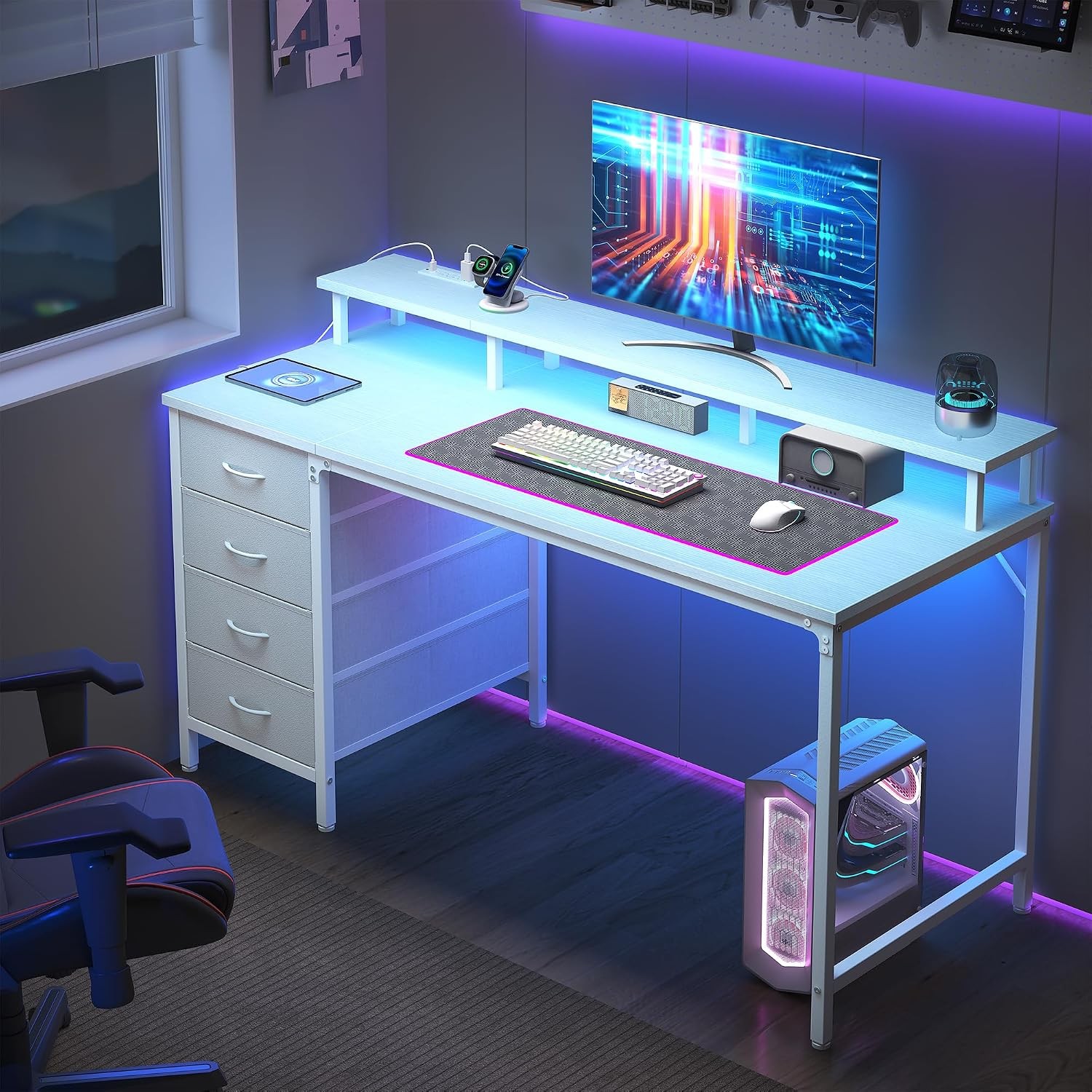 40 Inch Computer Desk with 4 Drawers, Gaming Desk with Power Outlets and