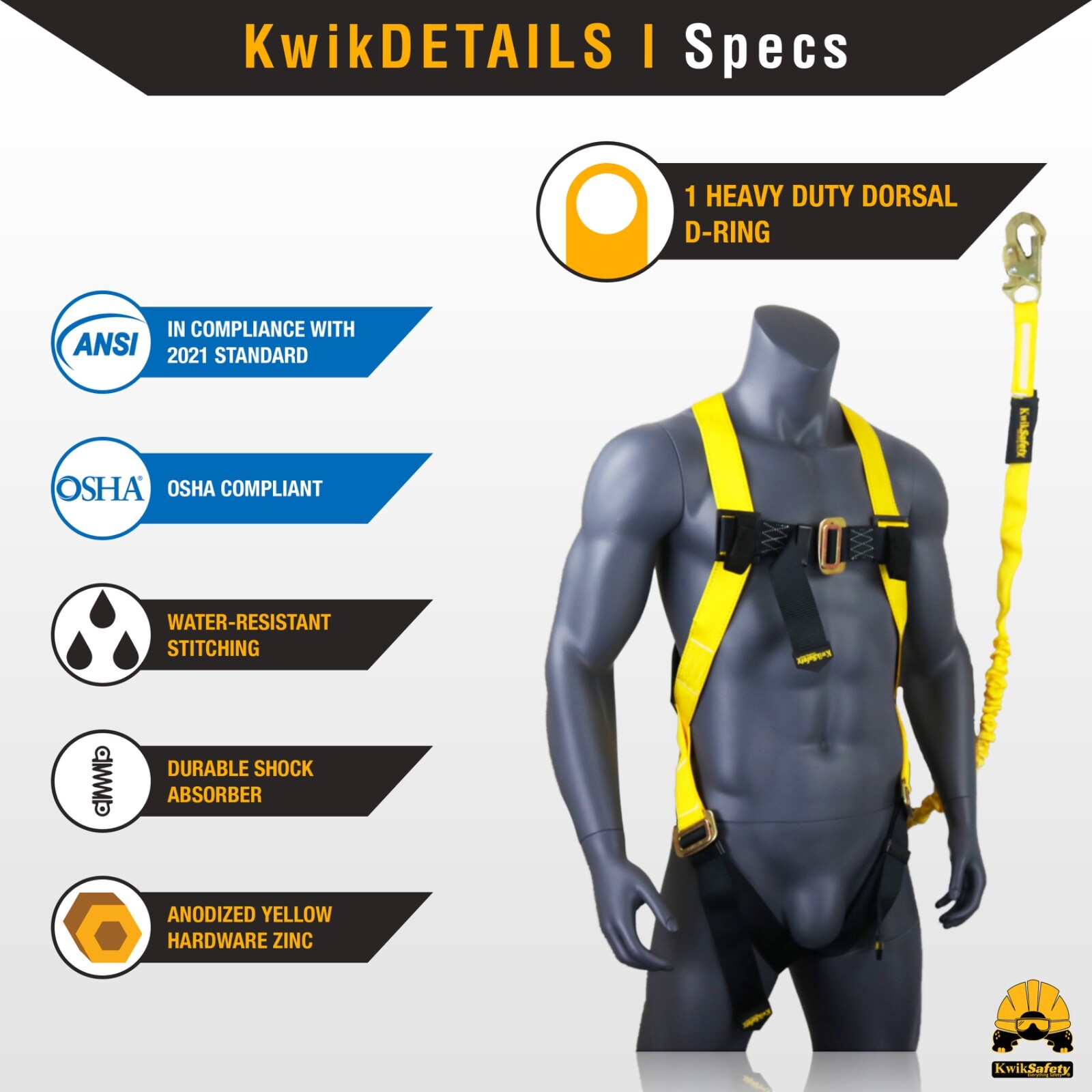 KwikSafety SCORPION ANSI Fall Protection Safety Harness w/ Attached 6ft Lanyard