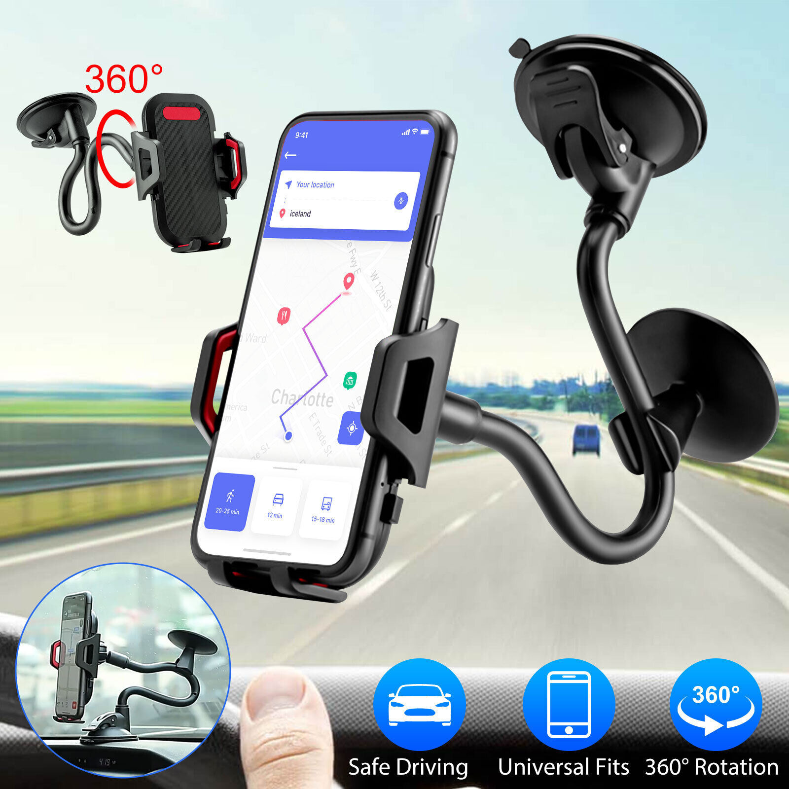 Car Windshield Phone Mount Holder Suction Cup Gooseneck 360° Universal Stand