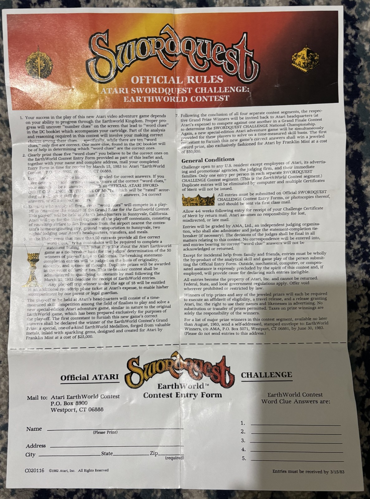 Atari 2600 Swordquest Challenge Earthworld Contest Rules Entry Poster (1982)
