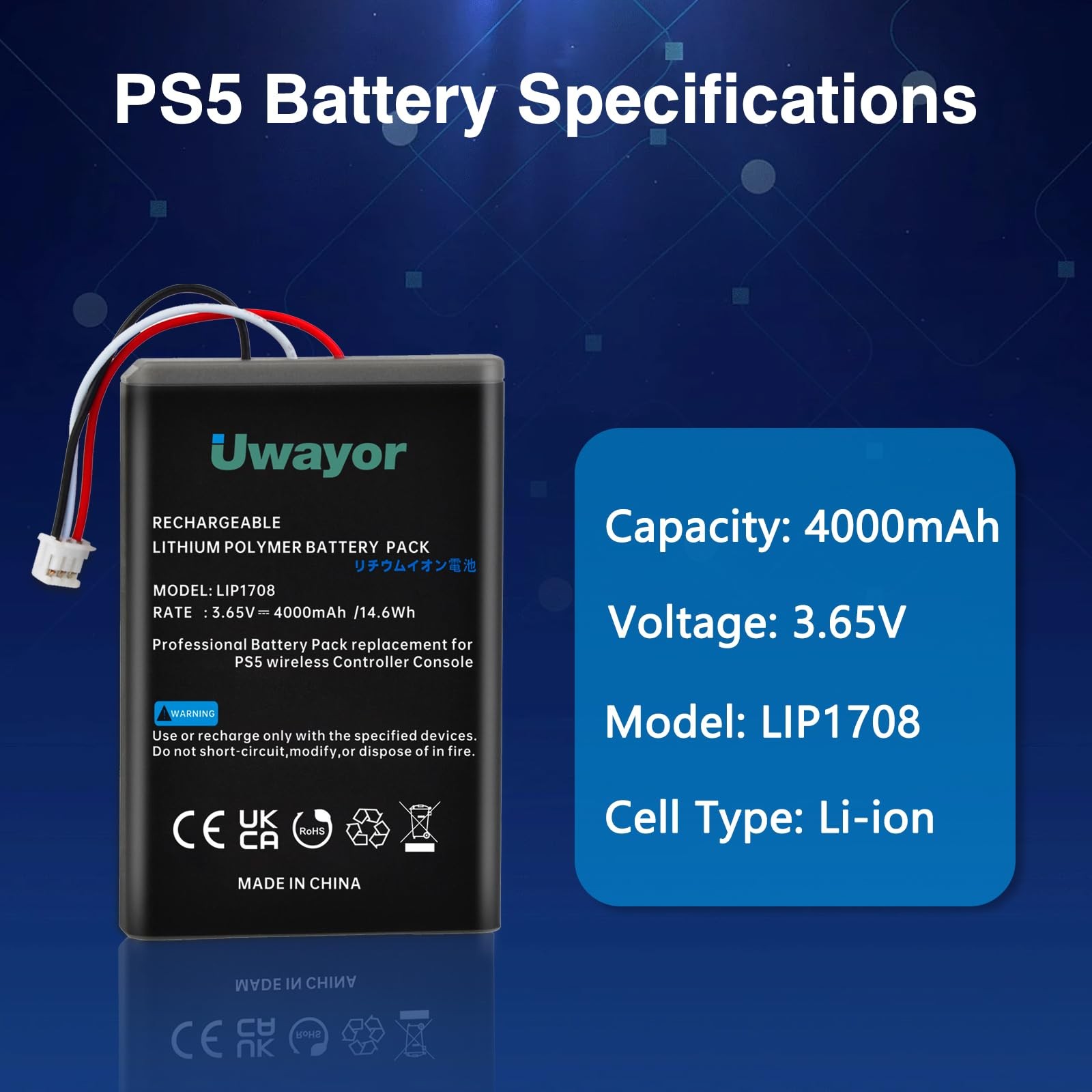 Uwayor PS5 Controller Battery, 4000mAh LIP1708 Battery 2 Pack, Black