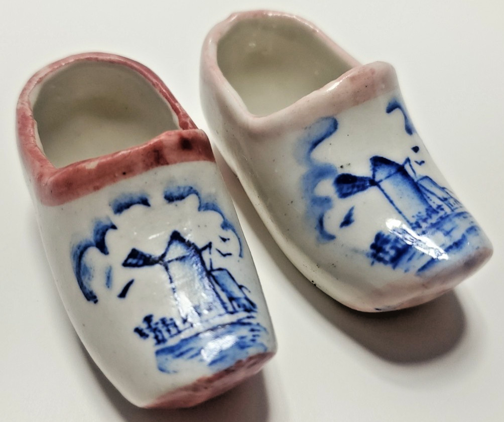 TWO Vintage Blue & Pink Ceramic Shoe Clog Windmill Design Made in Japan