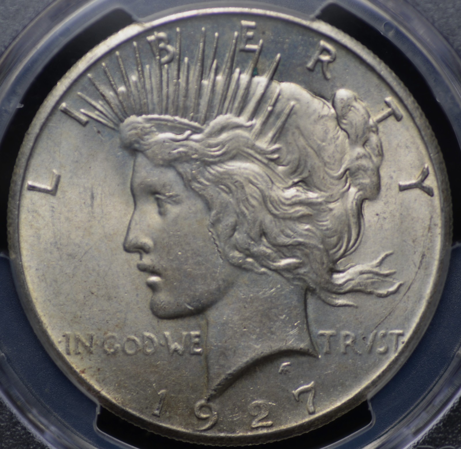 1927 PEACE DOLLAR PCGS MS 62 SATINY, SLIGHTLY OFF WHITE LUSTER, LIGHT CRUSTY