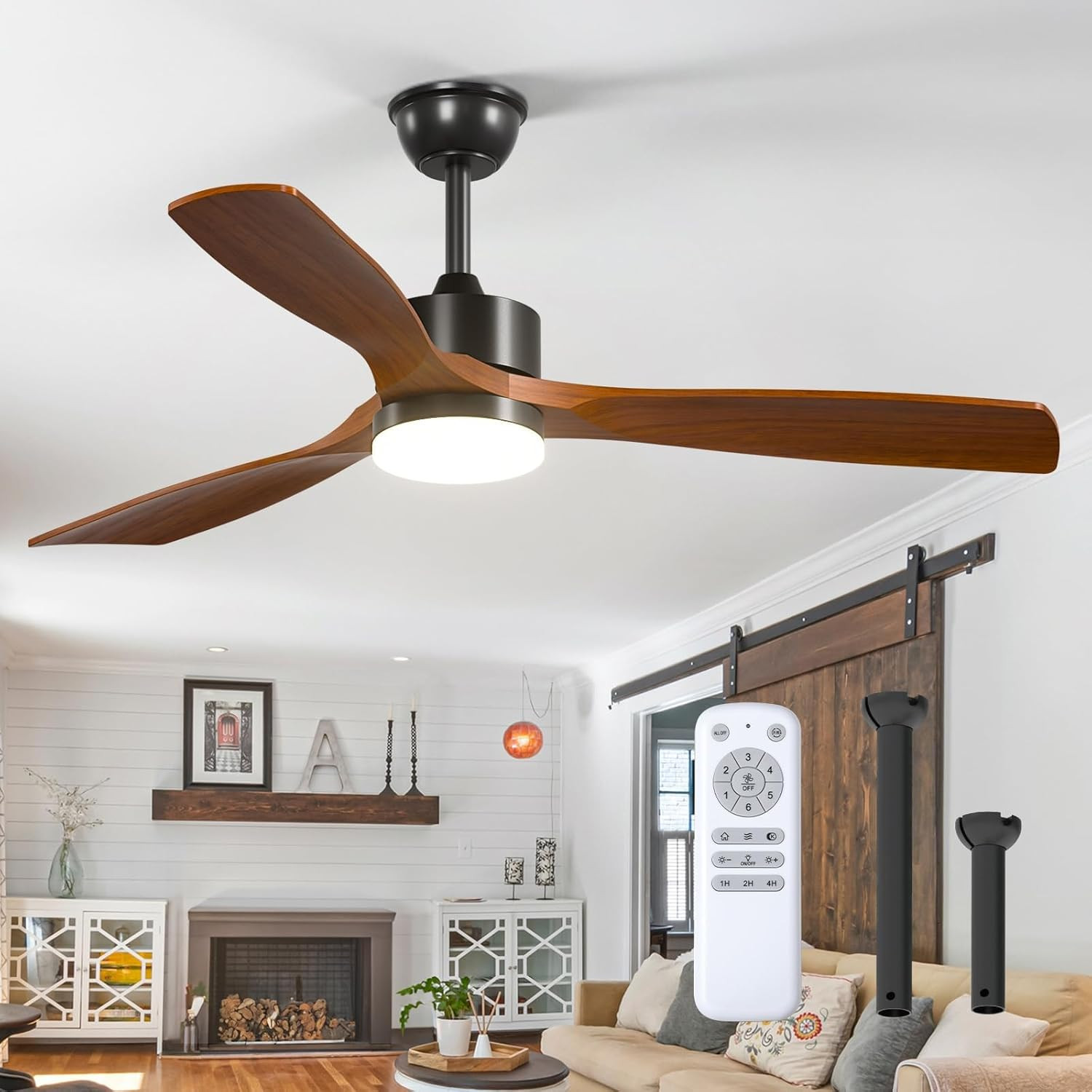 52 Inch Ceiling Fans with Lights and Remote Control, Reversible, 3 Wood Blades,
