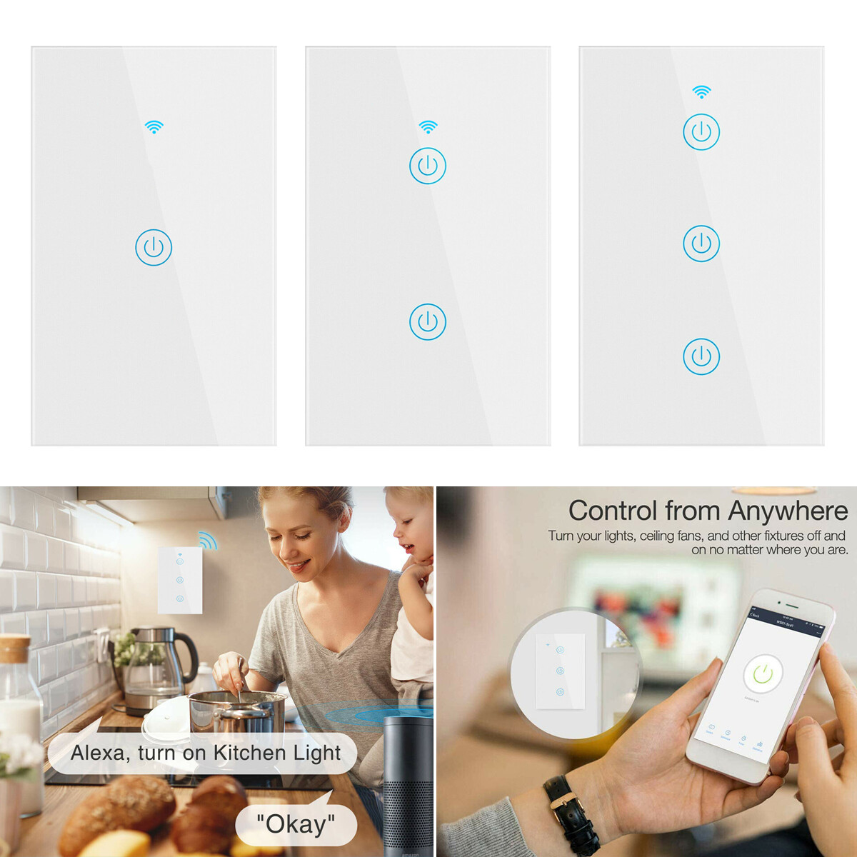 1/2/3 Gang Smart WiFi Wall Light Switch Touch Panel for Alexa/Google/Tuya APP US