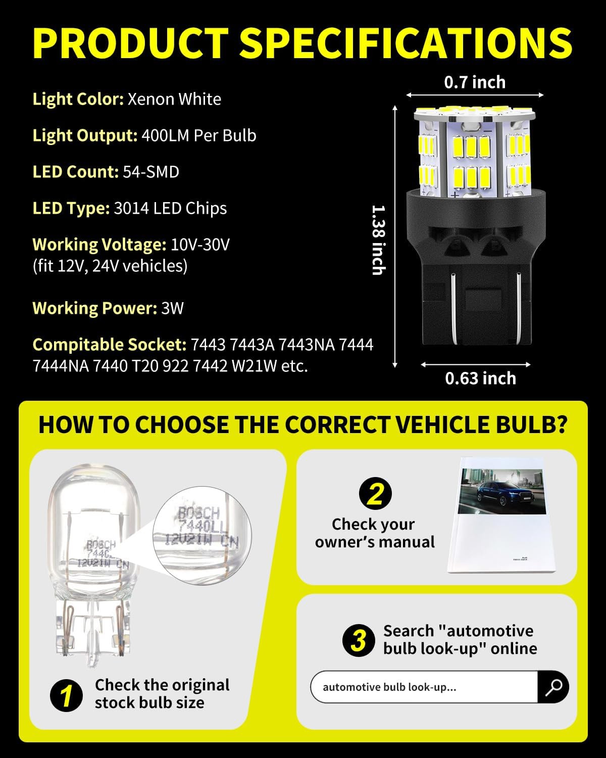 7443 LED Bulbs 54-SMD 300% Super Bright 7444 7440 T20 922 7442 W21W LED Light...