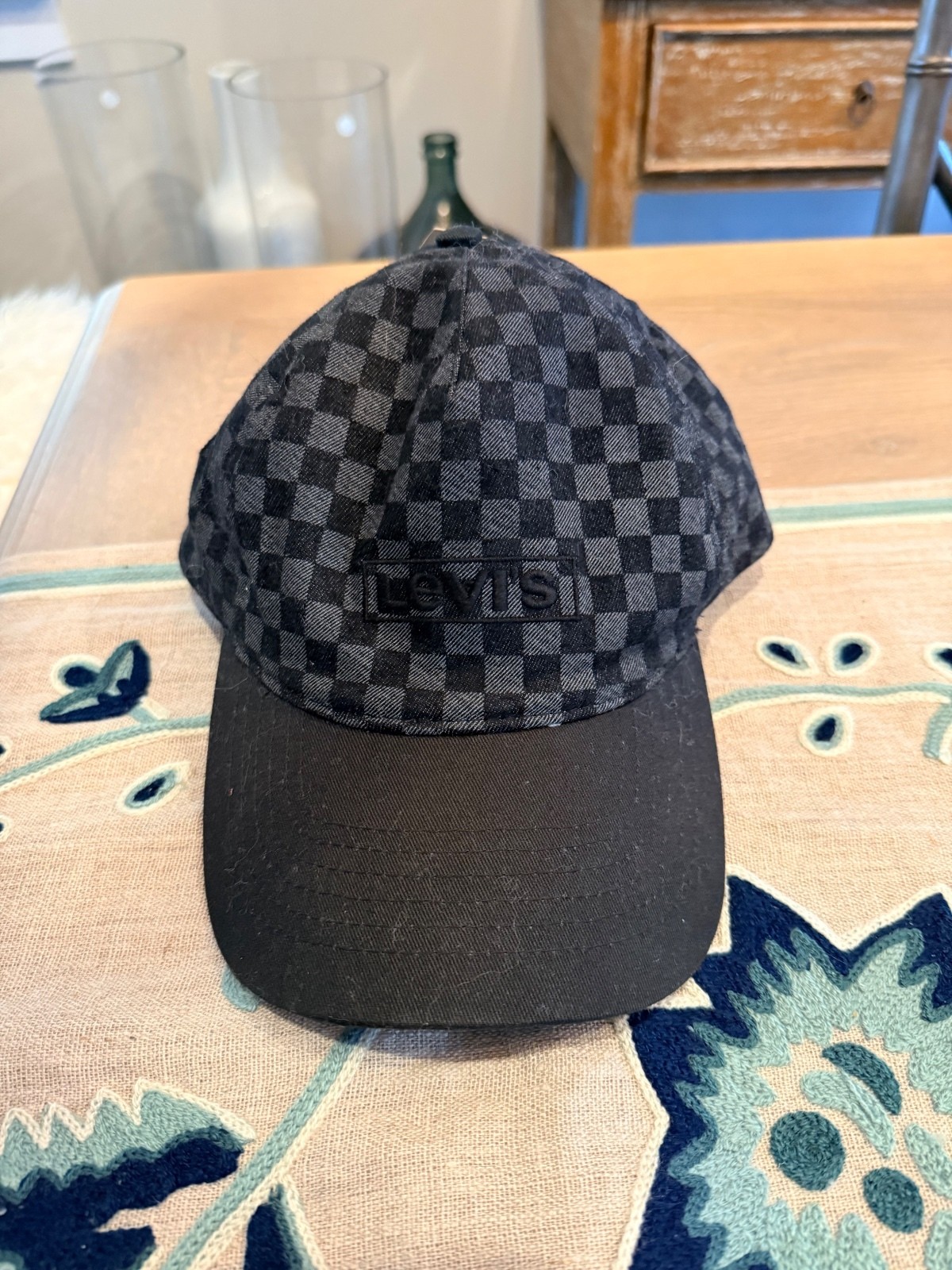 Levi's Black and Gray Checkered Baseball Cap with Adjustable