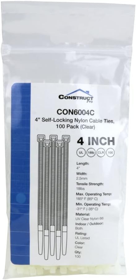 Construct Pro 4" Self-Locking Nylon Cable Ties Clear 100 Pack UV Rated