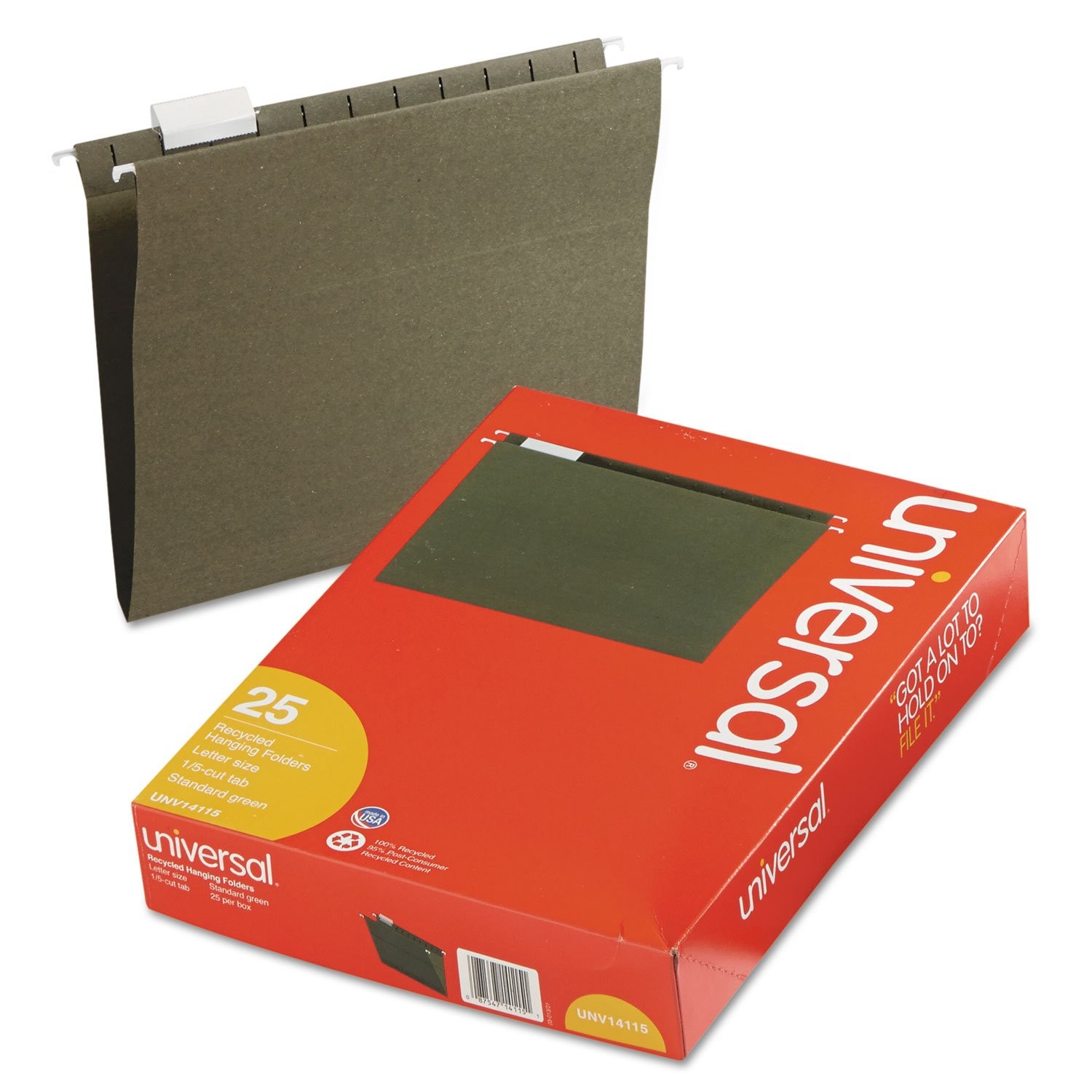 Universal 14115 Hanging File Folders, 1/5 Tab, 11 Point Stock, Letter, Green