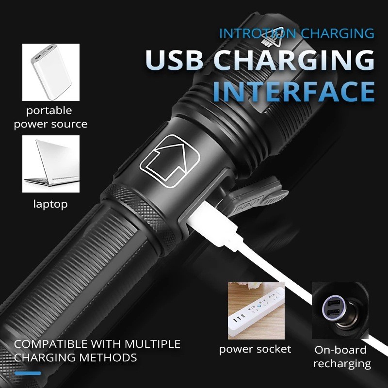 New Super Bright LED Tactical Flashlight USB Rechargeable Zoomable Torch Lamp
