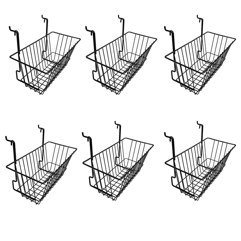 6 Pc Black 12x6x6 Slatwall Gridwall Pegboard Narrow Deep Basket Display Rack