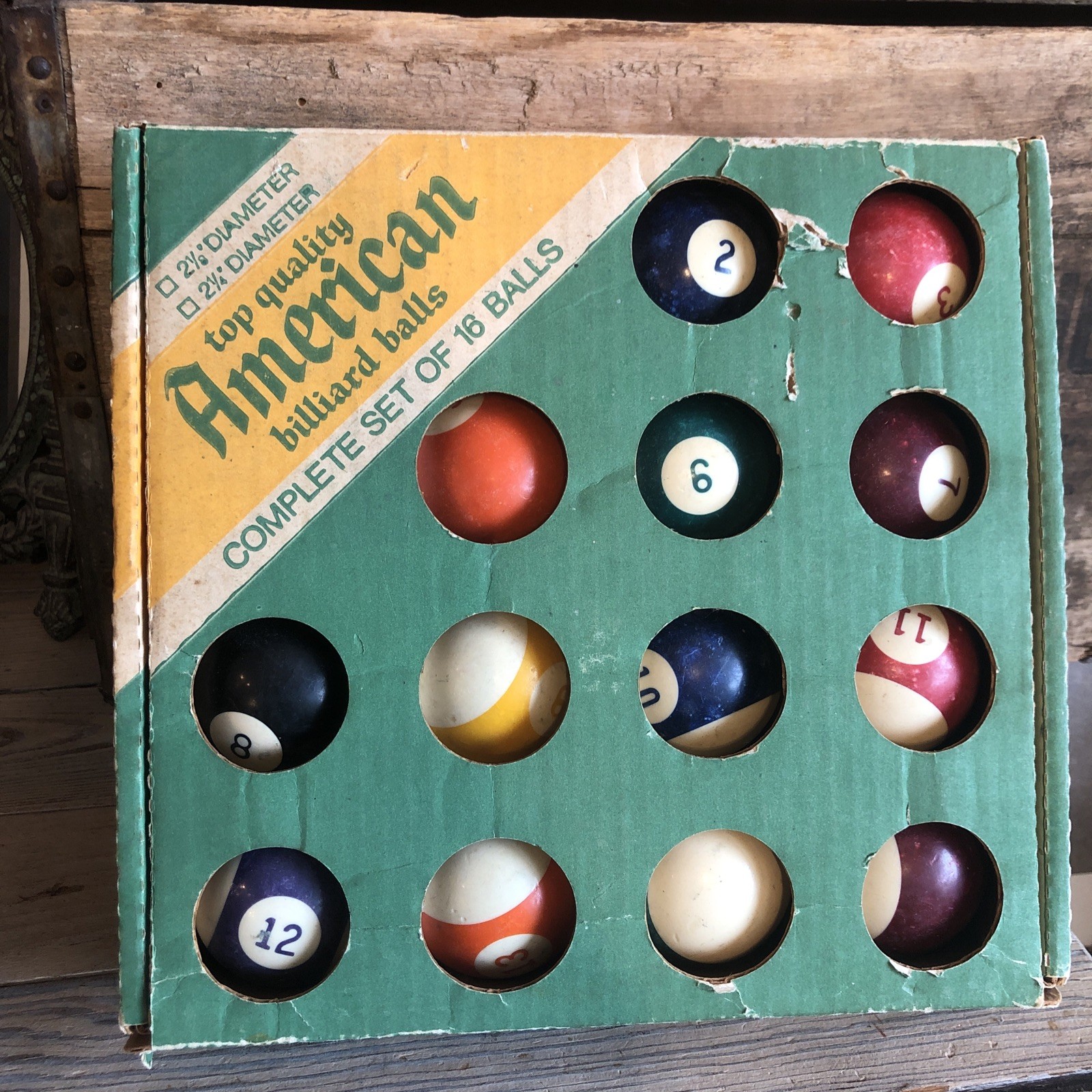 American Vintage Complete Set of 16 Billiard Balls w/ Original Box