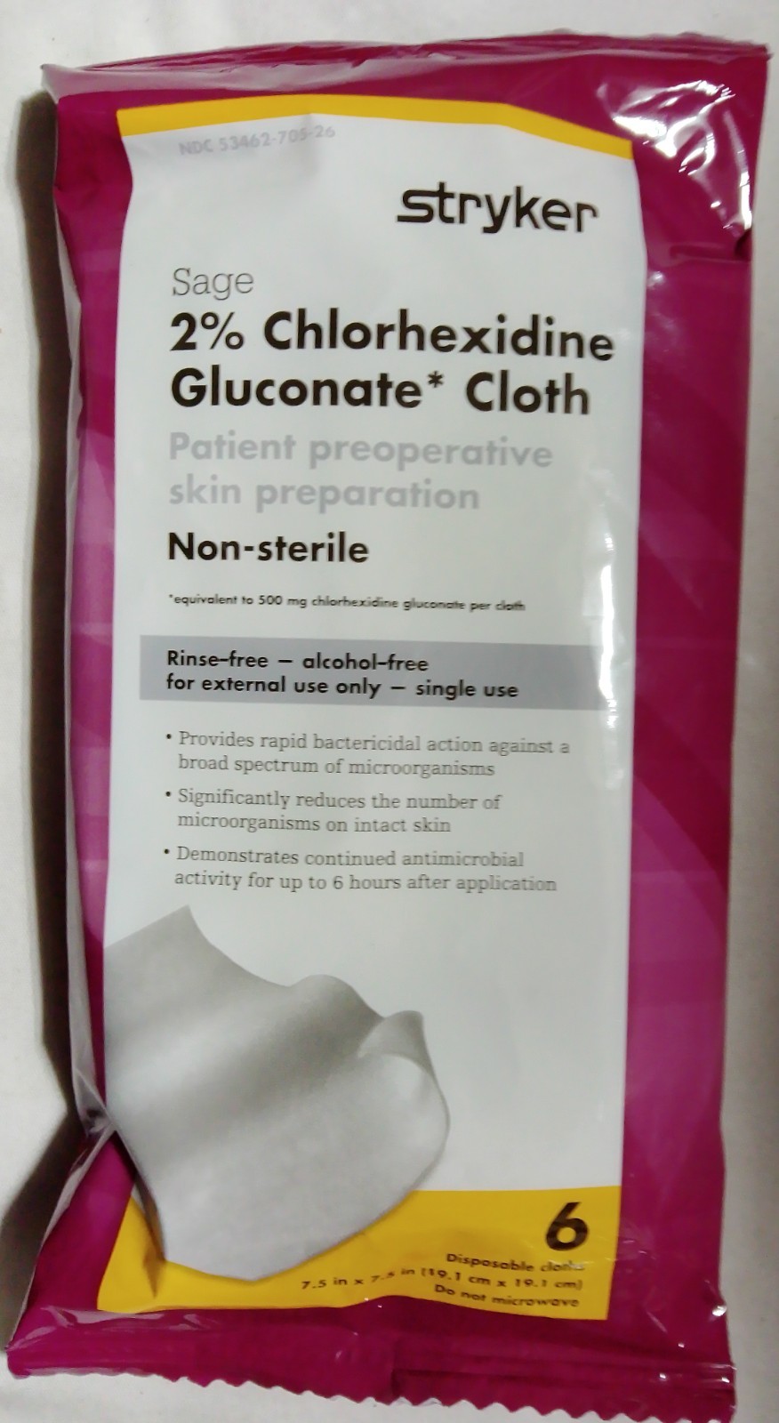 Lot of 5, 6/Bag (30pcs) Stryker Sage 2% Chlorhexidine Gluconate Pre-op Prep Wipe