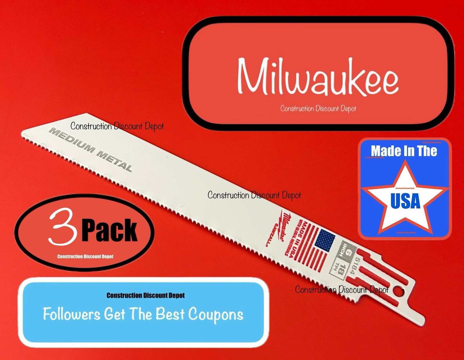 3 Pack Milwaukee 5184 6” 18 TPI SAWZALL Reciprocating Saw Blades 48-00-5184