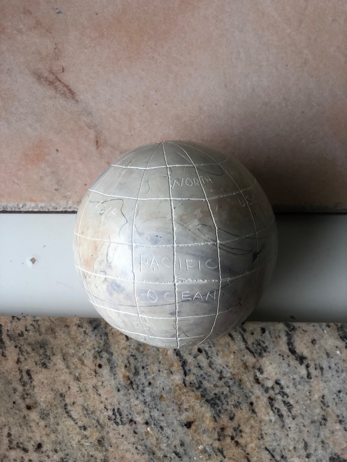 Unique Vintage Carved and Handpainted Stone Globe / World Map