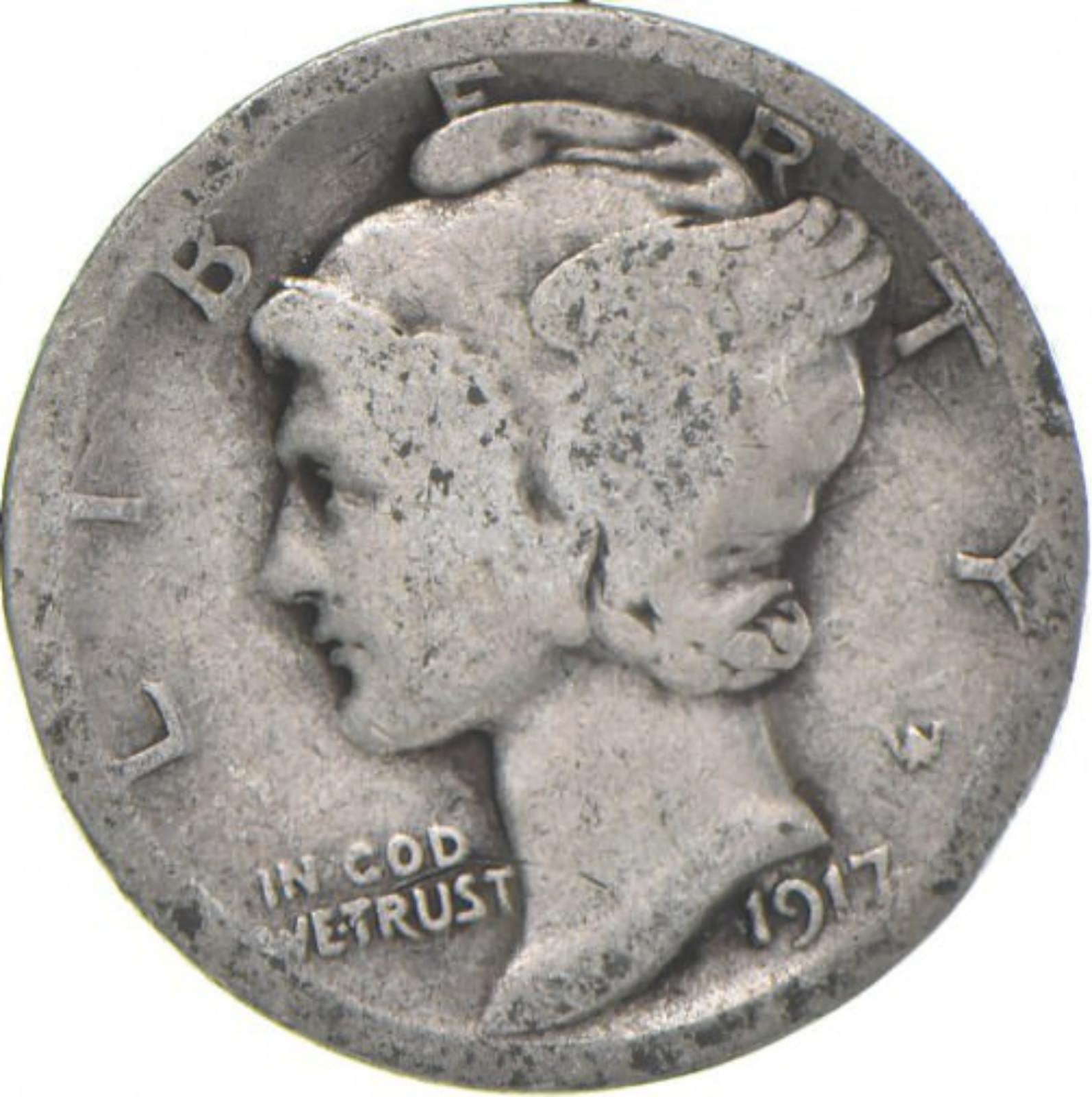 G+ 1917 Mercury 90% Silver Dime