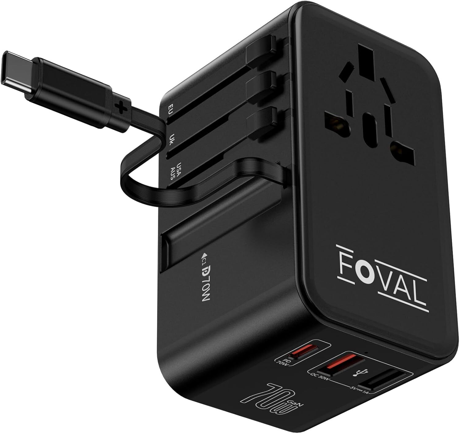 FOVAL 70W Universal Travel Adapter with Retractable USB C Cable, C Black