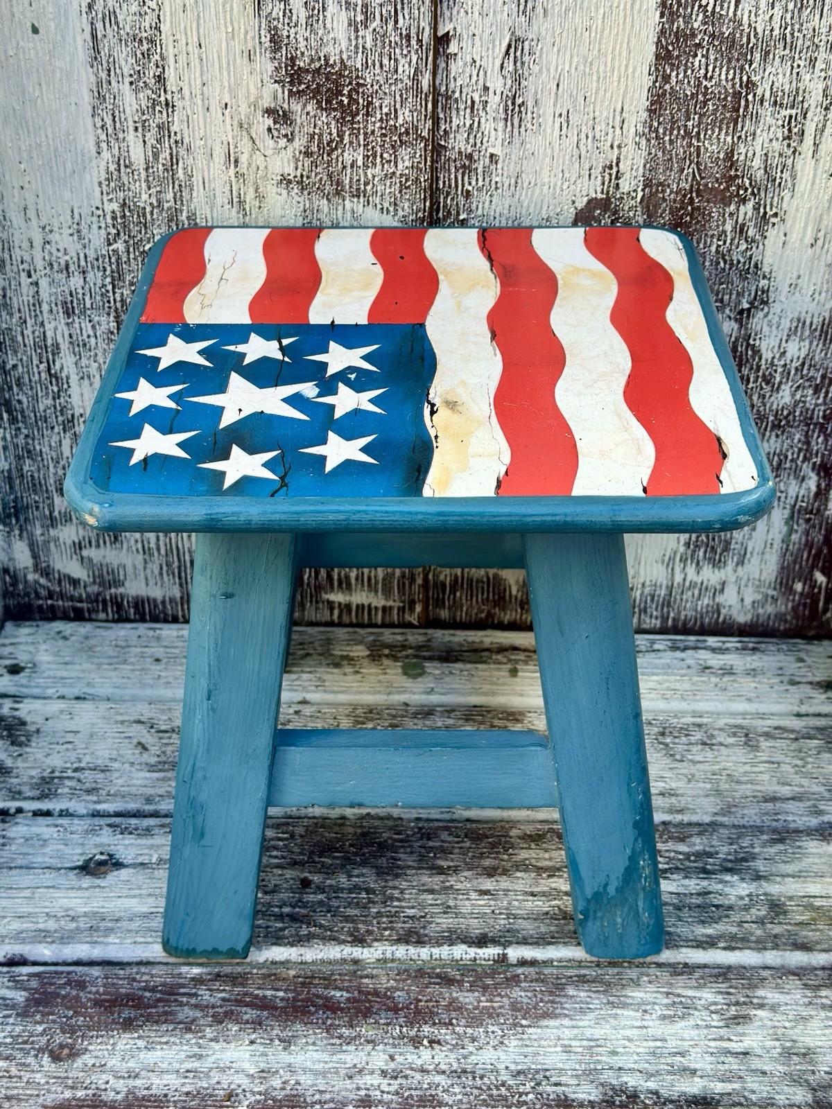 VTG Americana Theme Rustic American Flag Wood Foot/Stepping Stool Thailand