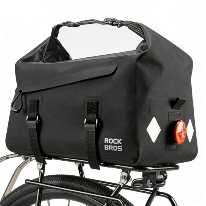 ROCKBROS Bike Rack Pannier Bag,16L Waterproof Roll Top Trunk Bag with Rear Light