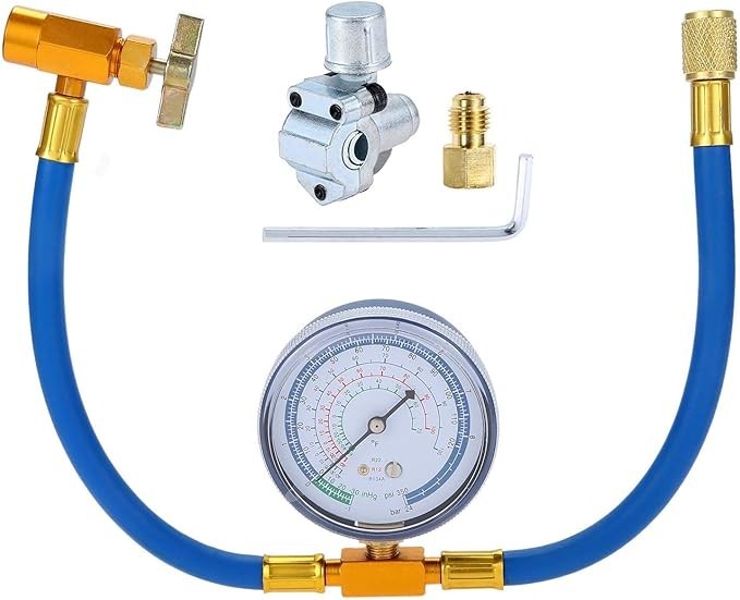 R134A AC Recharge Hose with Gauge and BPV31 Bullet Piercing Tap Valve Kit, 1/4"