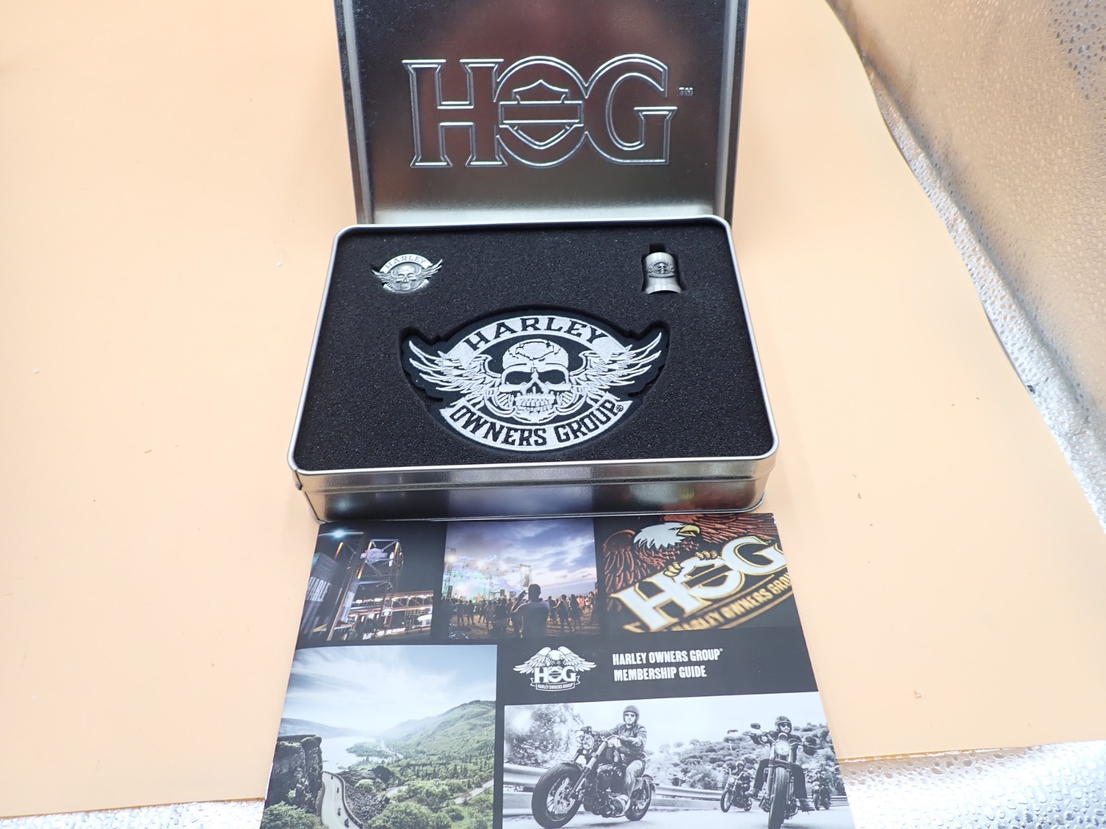 NEW HOG Harley Owners Group Membership Welcome Kit Tin, Patches, Pin, Bell