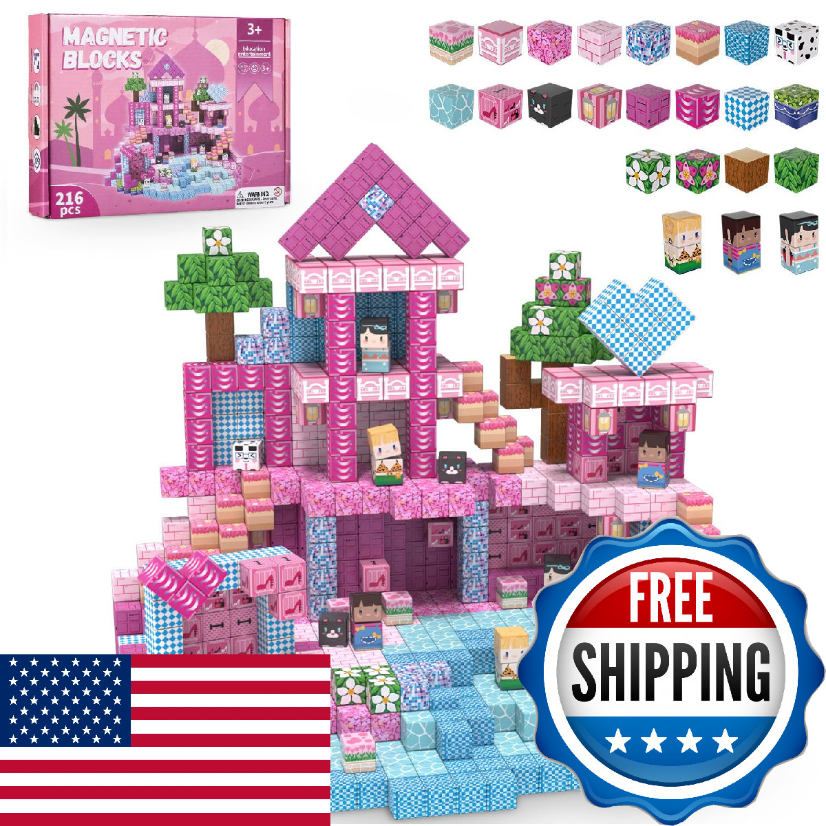 ADAH 216PCS Magnetic Building Blocks for Girls, Pink Princess STEM Toys for Ages