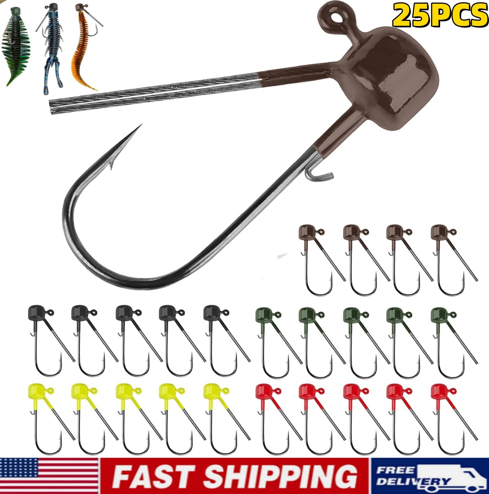 25pcs Ned Rig Jig Heads Baits Hooks Finesse Mushroom Fishing Crappie Bass Trout