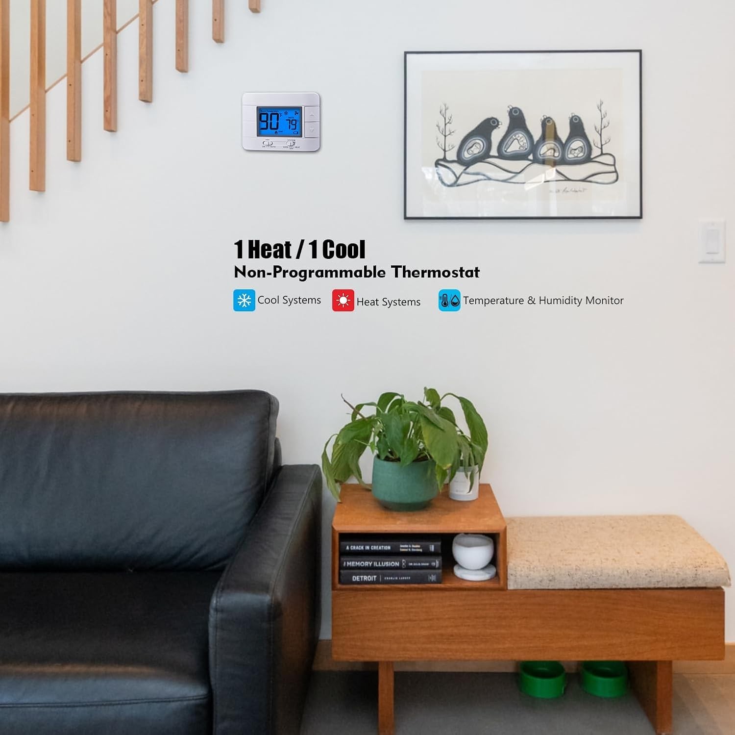 Single Stage 1H/1C Thermostat - Large LCD with Temperature & Humidity Display