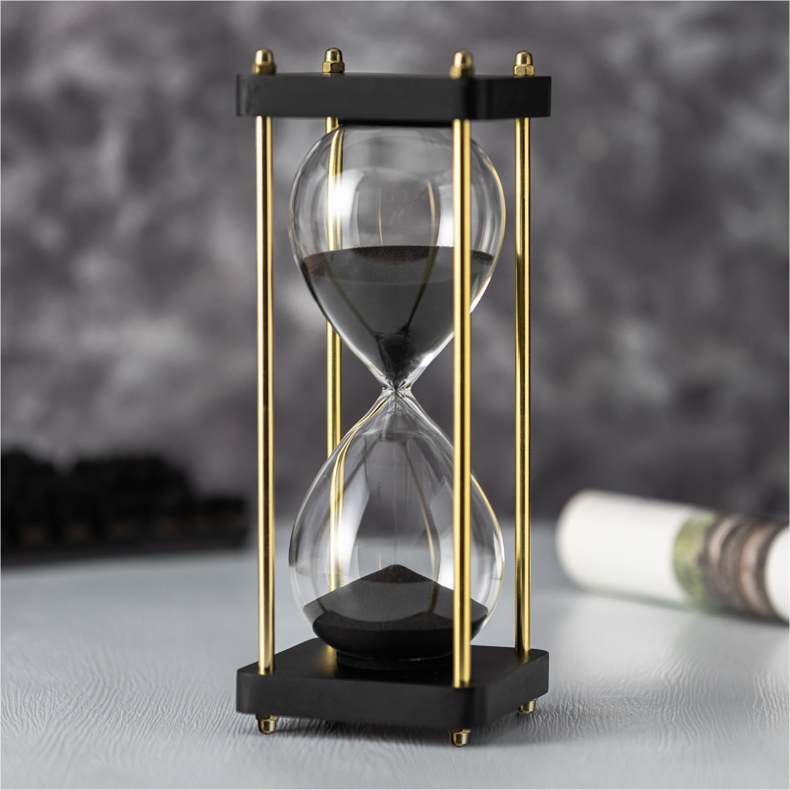 Hourglass Timer 60 Minute with Golden Pillars, Black Wooden Base Decorative S...