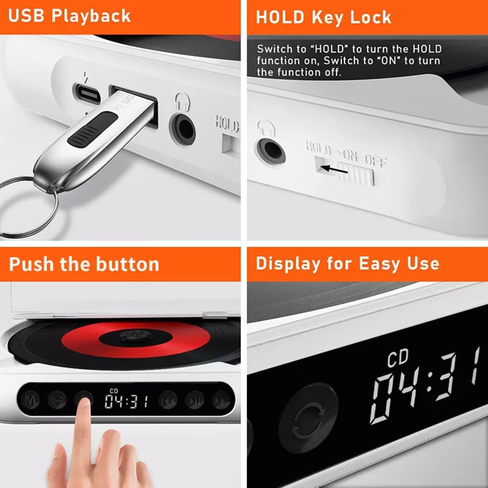 5V2A Bluetooth 5.3 Multi-function CD Player W/Wired Earphone CD/USB/3.5mm AUX