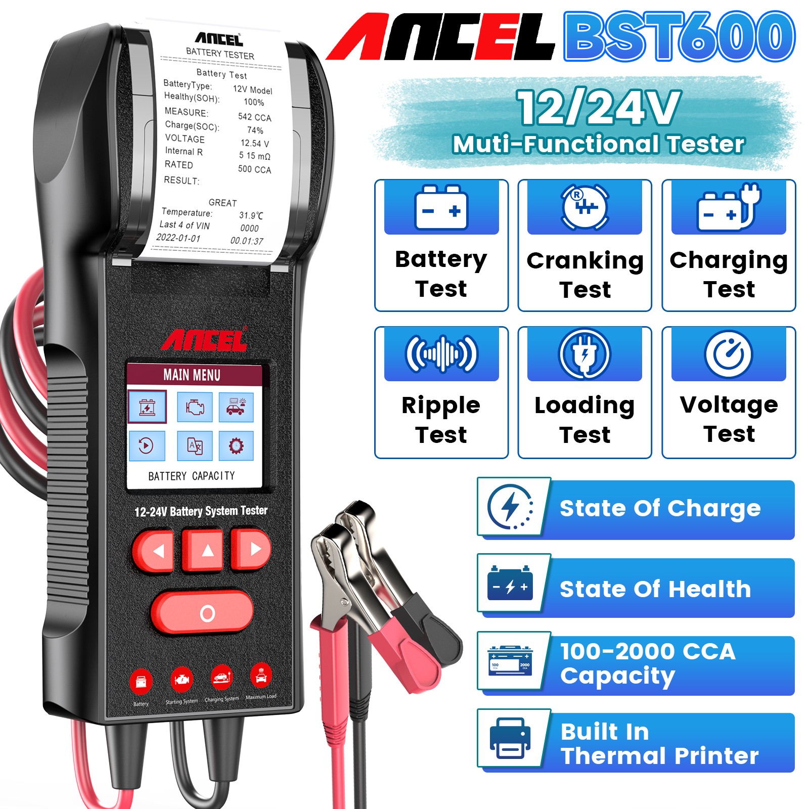ANCEL BST600 12V & 24V 100-2000CCA Car Battery Tester Analyzer With Printer Tool