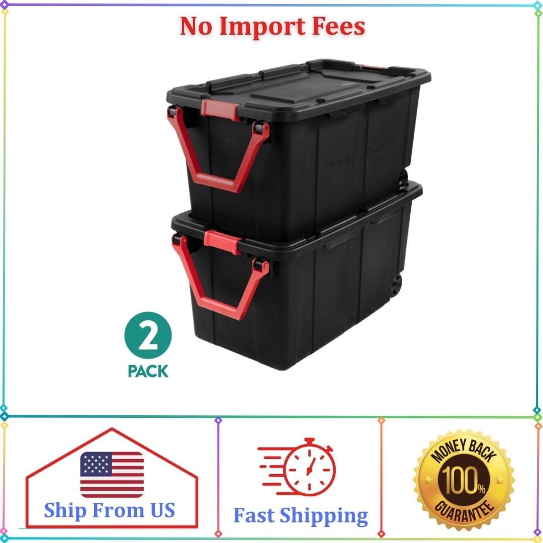 (2 Pack) Sterilite 40 Gallon Wheeled Storage Tote Latching Lid Pull Handle