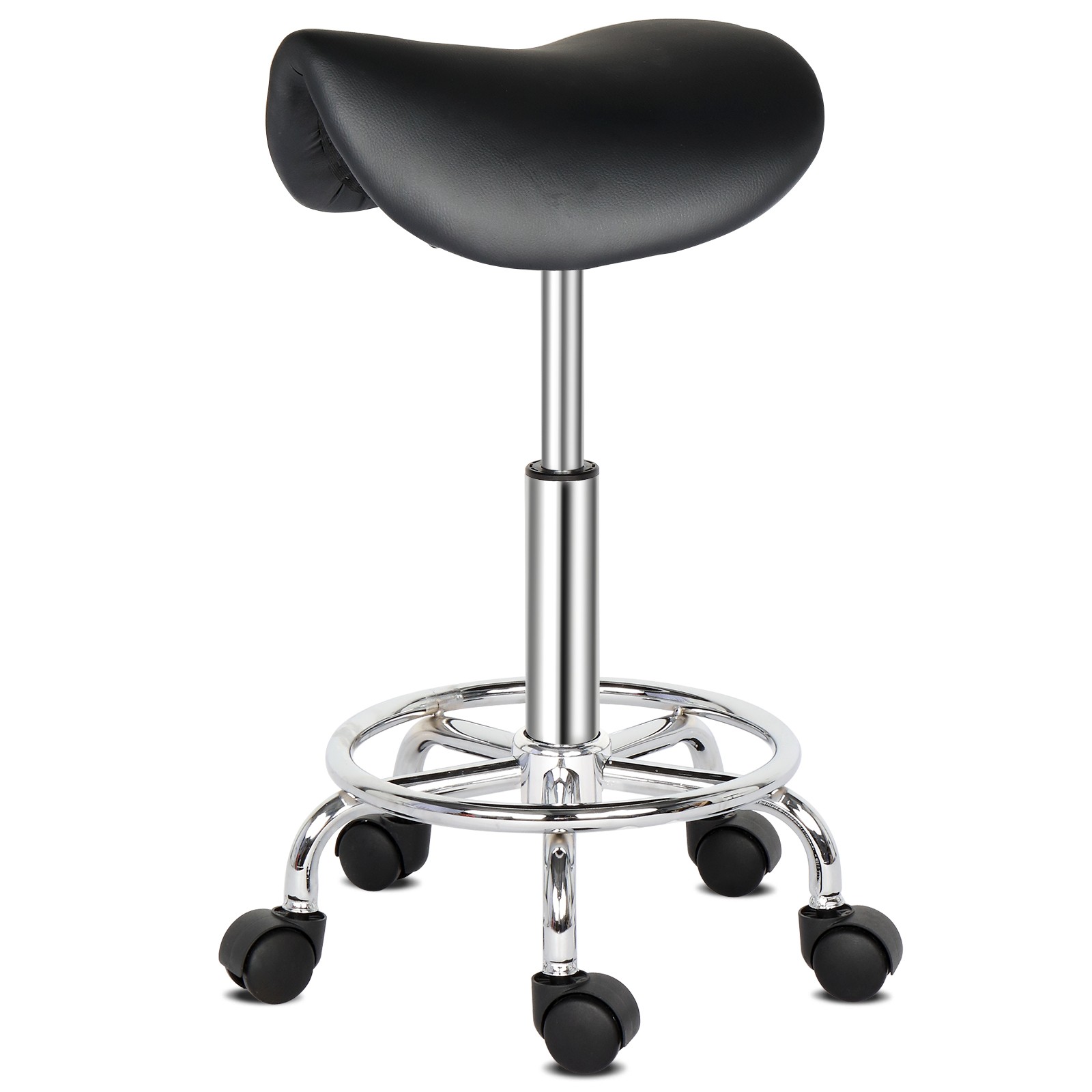 360° Swivel Bar Stool, Black PU Leather, 5 Casters, 20-25.6" Height Adjustable