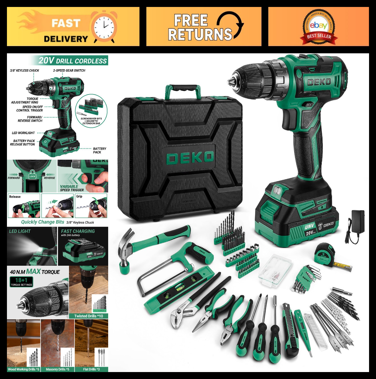 20V Cordless Electric Drill Tool Kit Set with Battery - Home Repair Toolbox & Ac